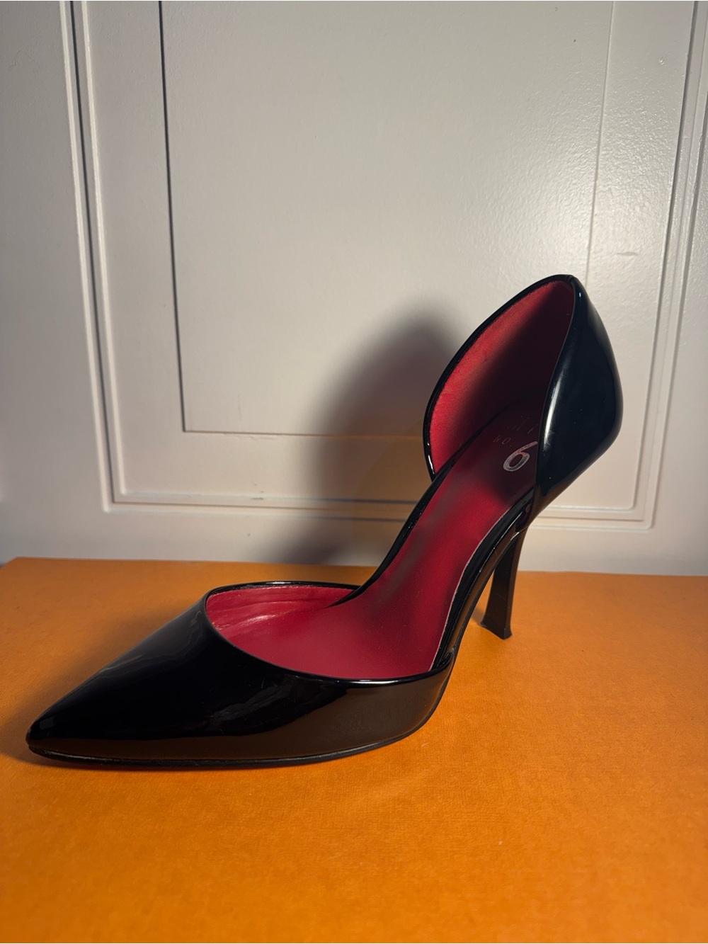 Black Patent Pointed-Toe D'Orsay Pump with Red Lining